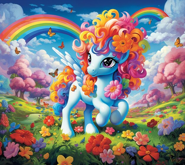 A colorful painting of a unicorn with a rainbow mane and flowers on it