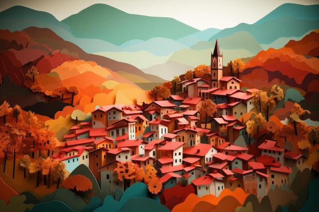 A colorful painting of a village in italy