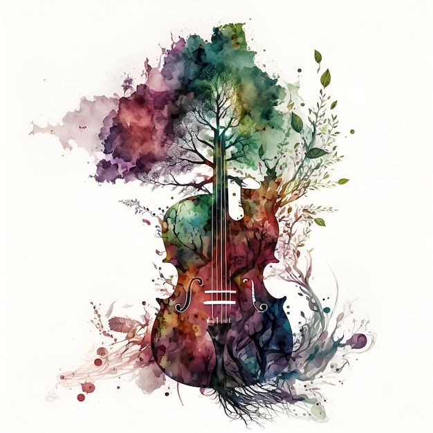 A colorful painting of a violin with a tree and a cat.