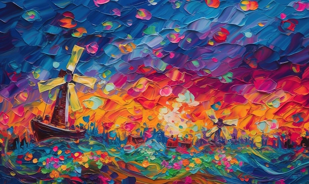 A colorful painting of a windmill with the word windmill on it.