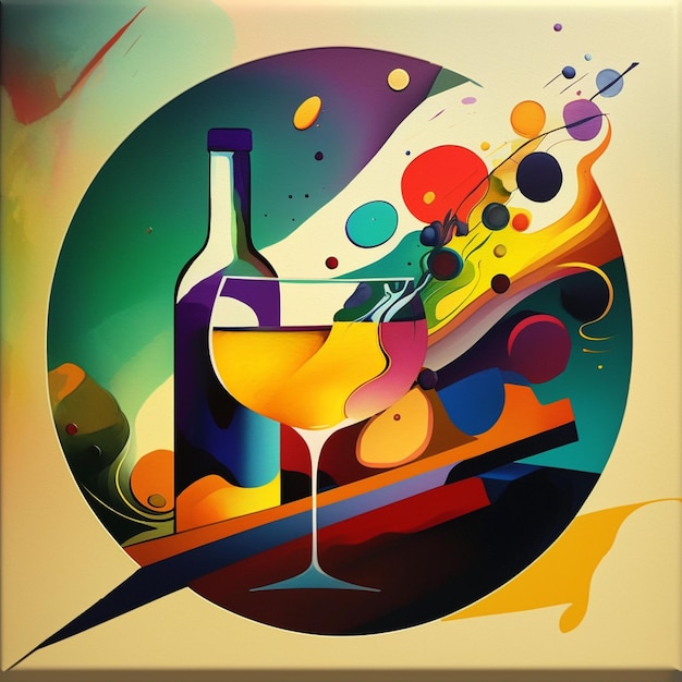 A colorful painting of a wine glass and a bottle of wine.