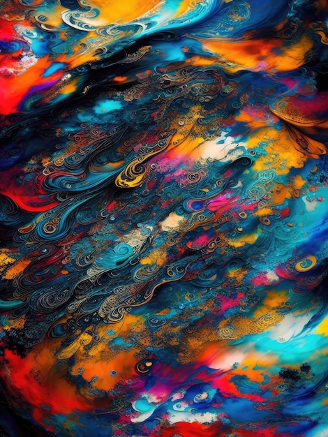 A colorful painting with a black background and a blue background with a swirly pattern.