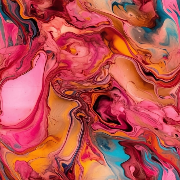 A colorful painting with a black background and a pink and blue swirl pattern.