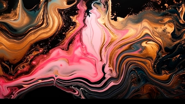 A colorful painting with a black background and a pink and blue swirls.