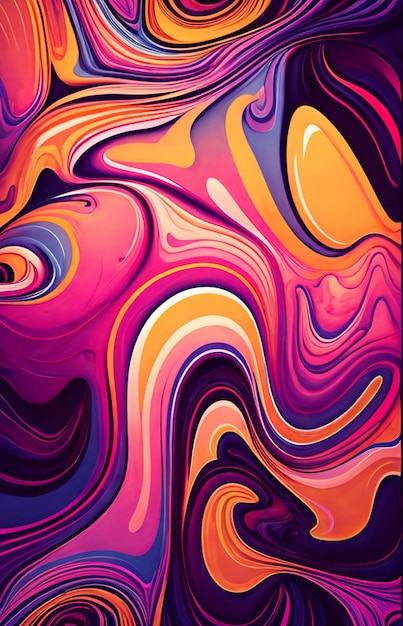 A colorful painting with a black background and a pink and orange swirls.