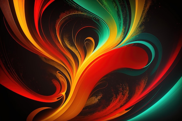 A colorful painting with a black background and a red and green swirl.