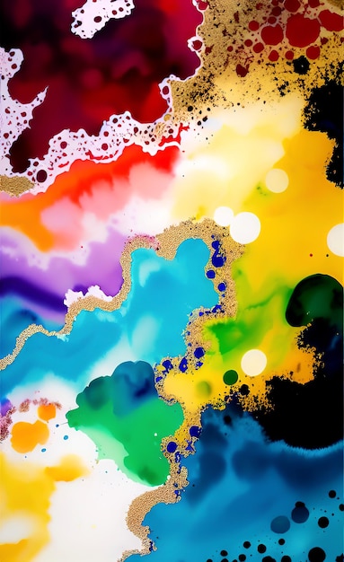 A colorful painting with a black background and a white circle in the middle.