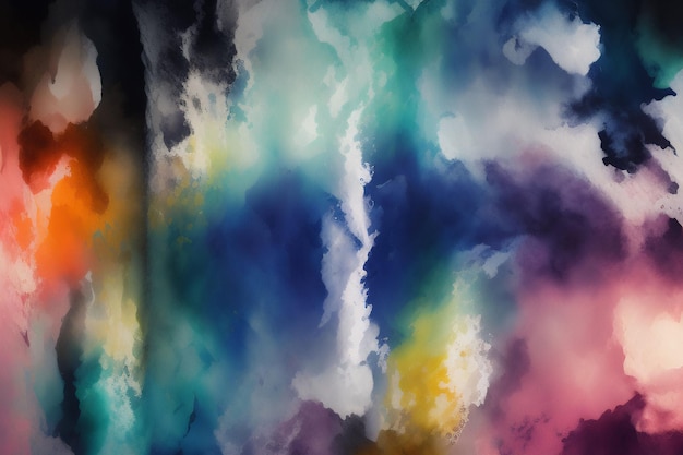 A colorful painting with a black background and a white cloud in the middle.