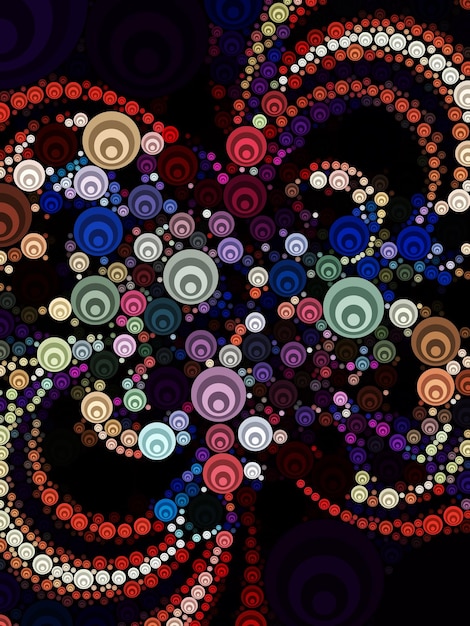 A colorful painting with black background with a pattern of circles and dots