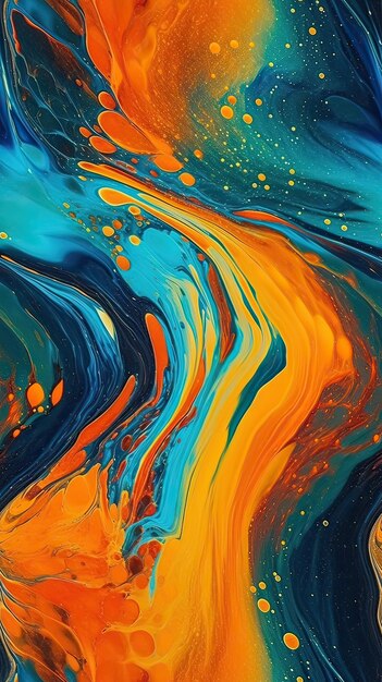 Colorful painting with a blue background and orange and blue paint.