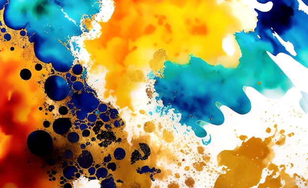 A colorful painting with a blue background and orange paint.