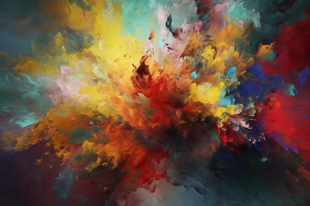 A colorful painting with a blue background and a red and yellow paint splashing down the center.