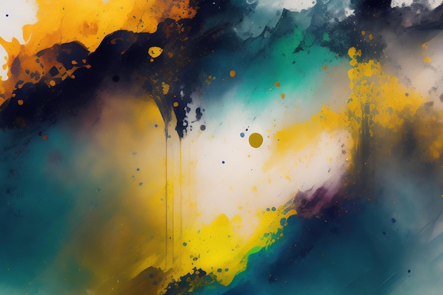 A colorful painting with a blue background and yellow and green colors.