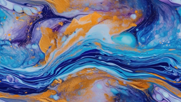 A colorful painting with a blue and gold swirls.