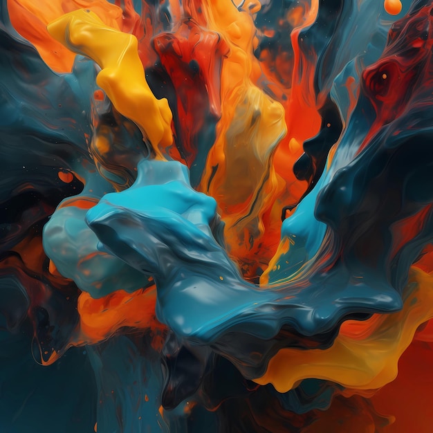 A colorful painting with a blue and orange background.