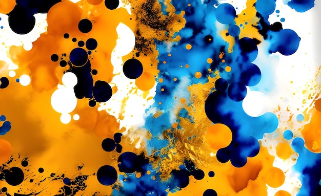 A colorful painting with blue and orange paint and black circles