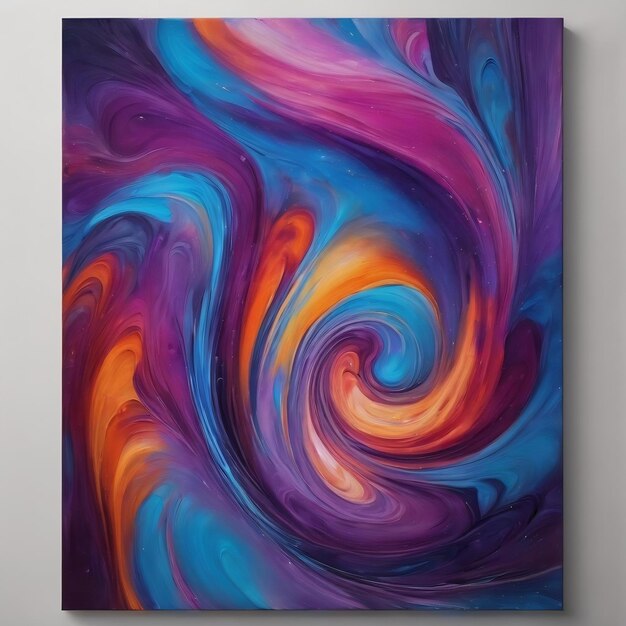 A colorful painting with a blue and purple swirls in the middle