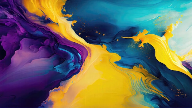 A colorful painting with a blue and yellow background