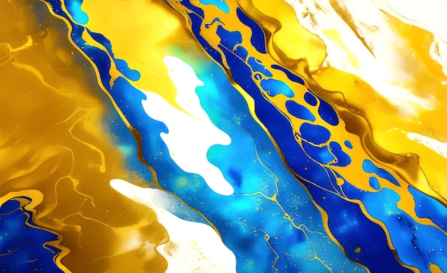 A colorful painting with a blue and yellow background