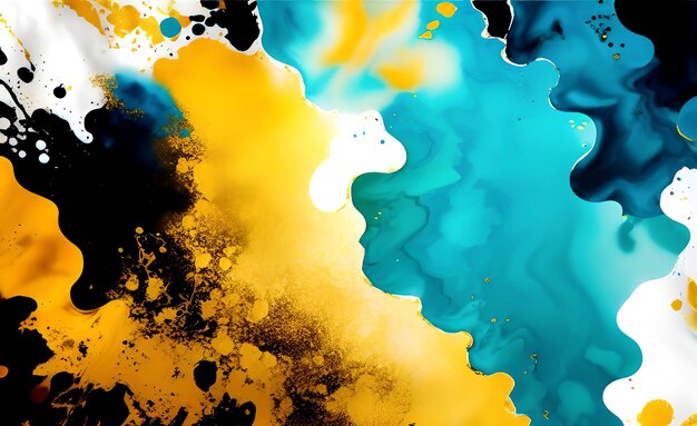 A colorful painting with a blue and yellow background