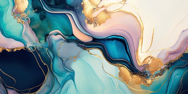 A colorful painting with gold and blue colors