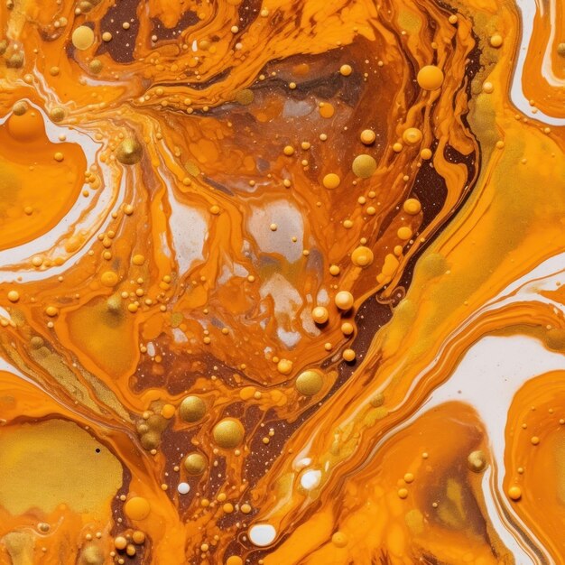 A colorful painting with orange and yellow liquid bubbles