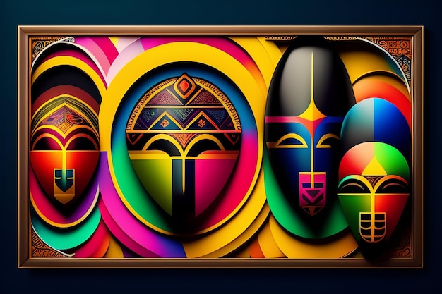 A colorful painting with a picture of african masks.