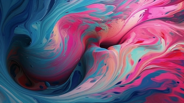 A colorful painting with a pink and blue background.