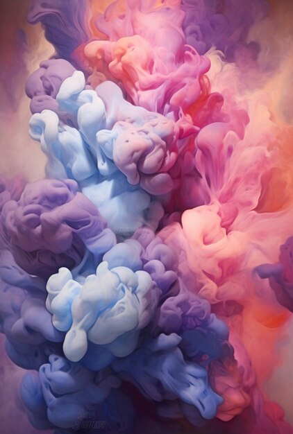 A colorful painting with a pink and blue paint splashing into the air.