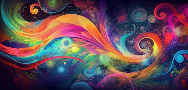 A colorful painting with a rainbow background.