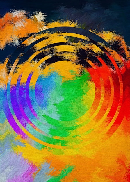 A colorful painting with a rainbow colored circle in the center.