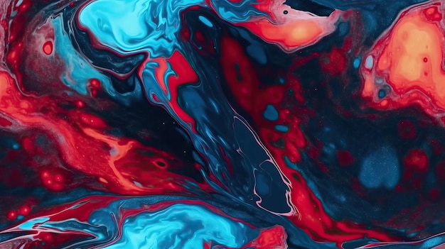 A colorful painting with a red and blue background