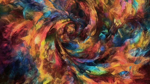 a colorful painting with a swirl of colors and a light blue background.
