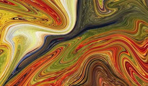 A colorful painting with a swirly pattern and a green and orange background.