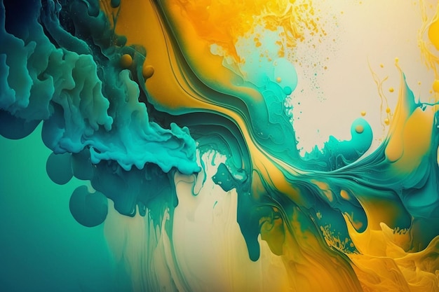 A colorful painting with a yellow and blue background