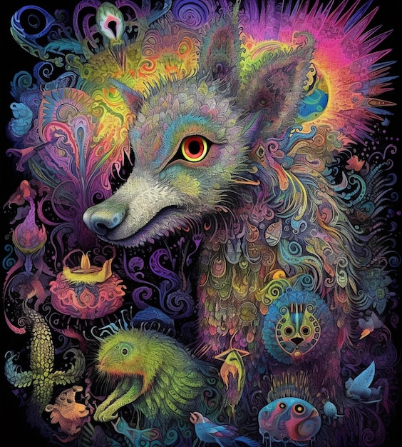 A colorful painting of a wolf with a bird on it.