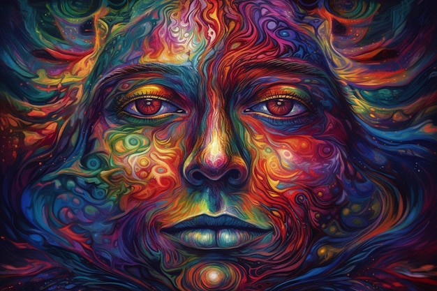 A colorful painting of a woman face with the sun shining on it