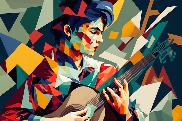 A colorful painting of a woman playing a guitar.