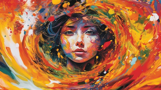 A colorful painting of a woman's face with a swirl of paint.