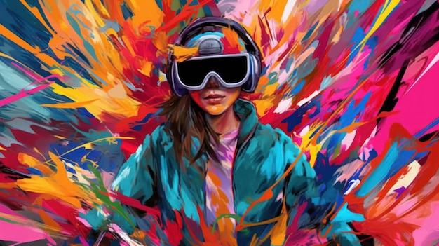 A colorful painting of a woman wearing a headset and wearing a headset.