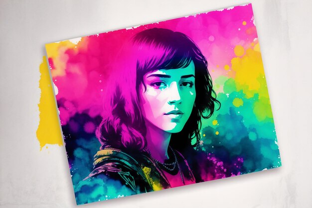 A colorful painting of a woman with a black hair and a rainbow colored hair.