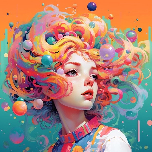 A colorful painting of a woman with colorful hair and a rainbow colored top.