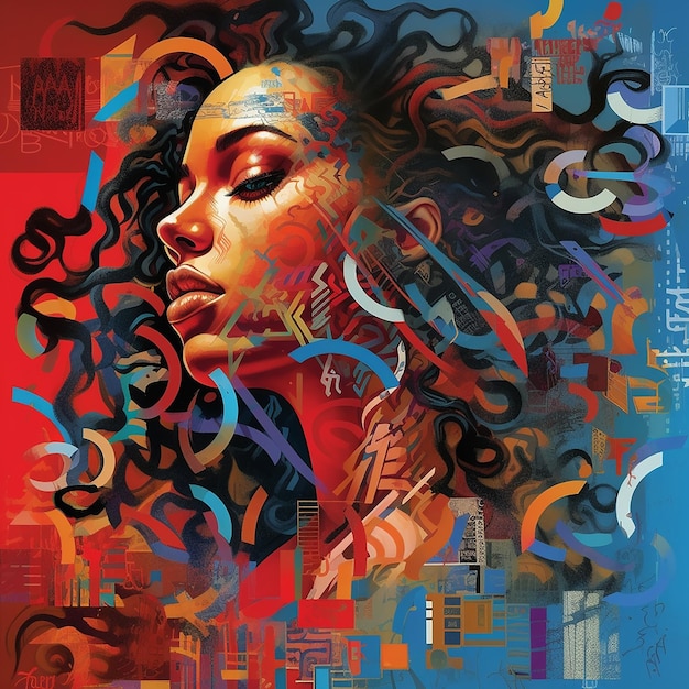 A colorful painting of a woman with curly hair and a red and blue background.