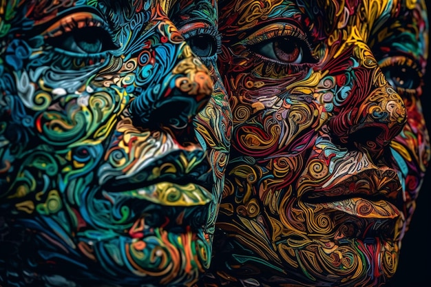 A colorful painting of a woman with a face painted with different colors.