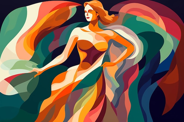 A colorful painting of a woman with a rainbow background.