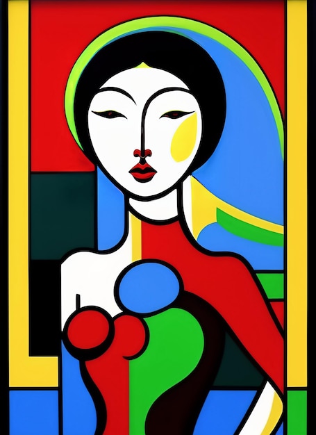 A colorful painting of a woman with a red dress and a red top.