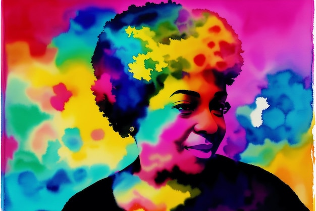 A colorful painting of a woman with the word love on it.