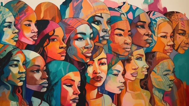 A colorful painting of women with the word black on the front.