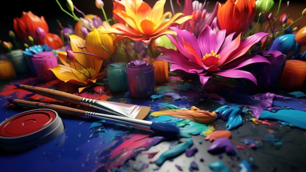 colorful paints and brushes