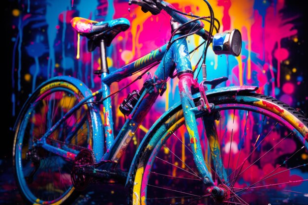 Photo colorful paintsplattered bicycle against graffiti